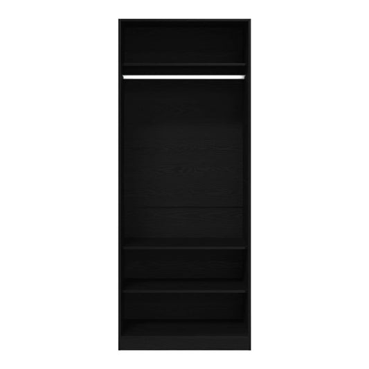 The tall black wardrobe with a hanging rail and shelves