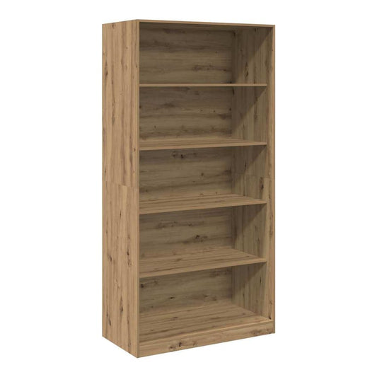 The open wardrobe with five empty shelves showing the wood grain texture