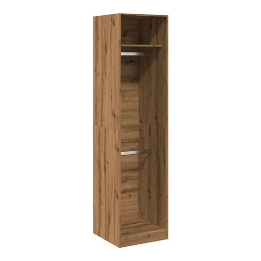 The tall open wardrobe showing two metal rails and a top shelf for storage