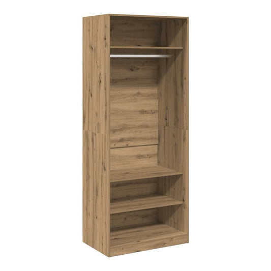 The open wardrobe showing the internal shelves and hanging rail against a plain white background