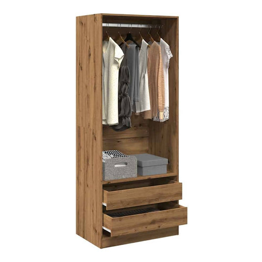 vidaXL Wardrobe Artisian Oak Engineered Wood filled with hanging clothes and storage boxes