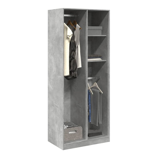 vidaXL Wardrobe Concrete Grey Engineered Wood filled with hanging clothes and folded items