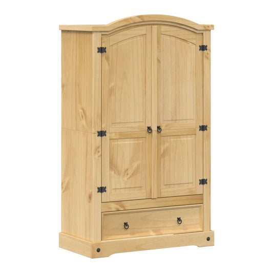 The pine wood wardrobe has two doors and a single drawer below
