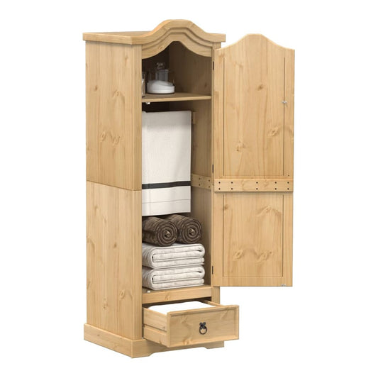 vidaXL Wardrobe "Corona" Solid Wood Pine with doors open showing shelves and a drawer