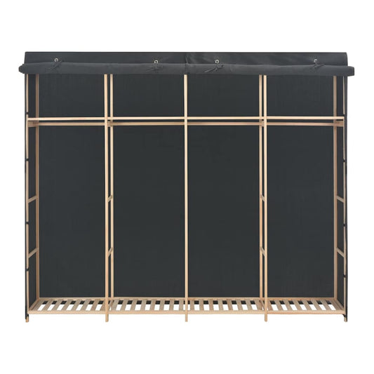 The fabric wardrobe viewed from the front with the cover rolled up to show the internal structure