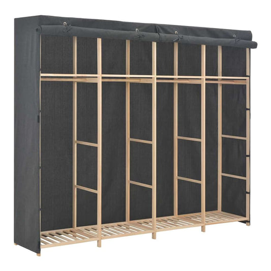 Wardrobe Grey shown from a side angle with the fabric cover rolled up to reveal the wooden frame