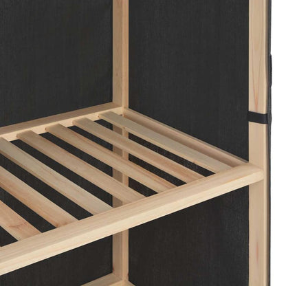 Close-up of the wooden shelves inside the grey fabric cupboard