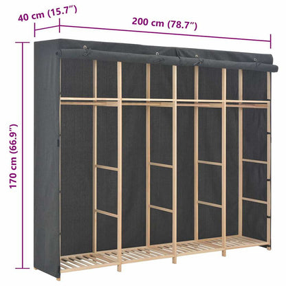 The fabric wardrobe with overlay lines and text indicating the height, width and depth