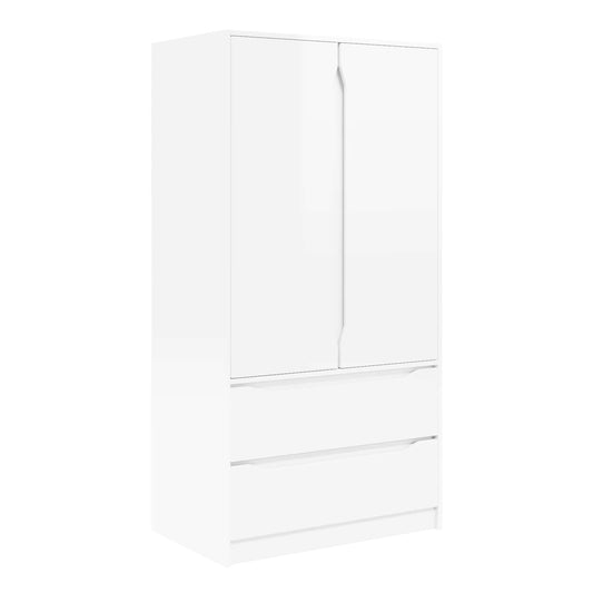 A white high gloss wardrobe with two doors and three drawers, shown from the front