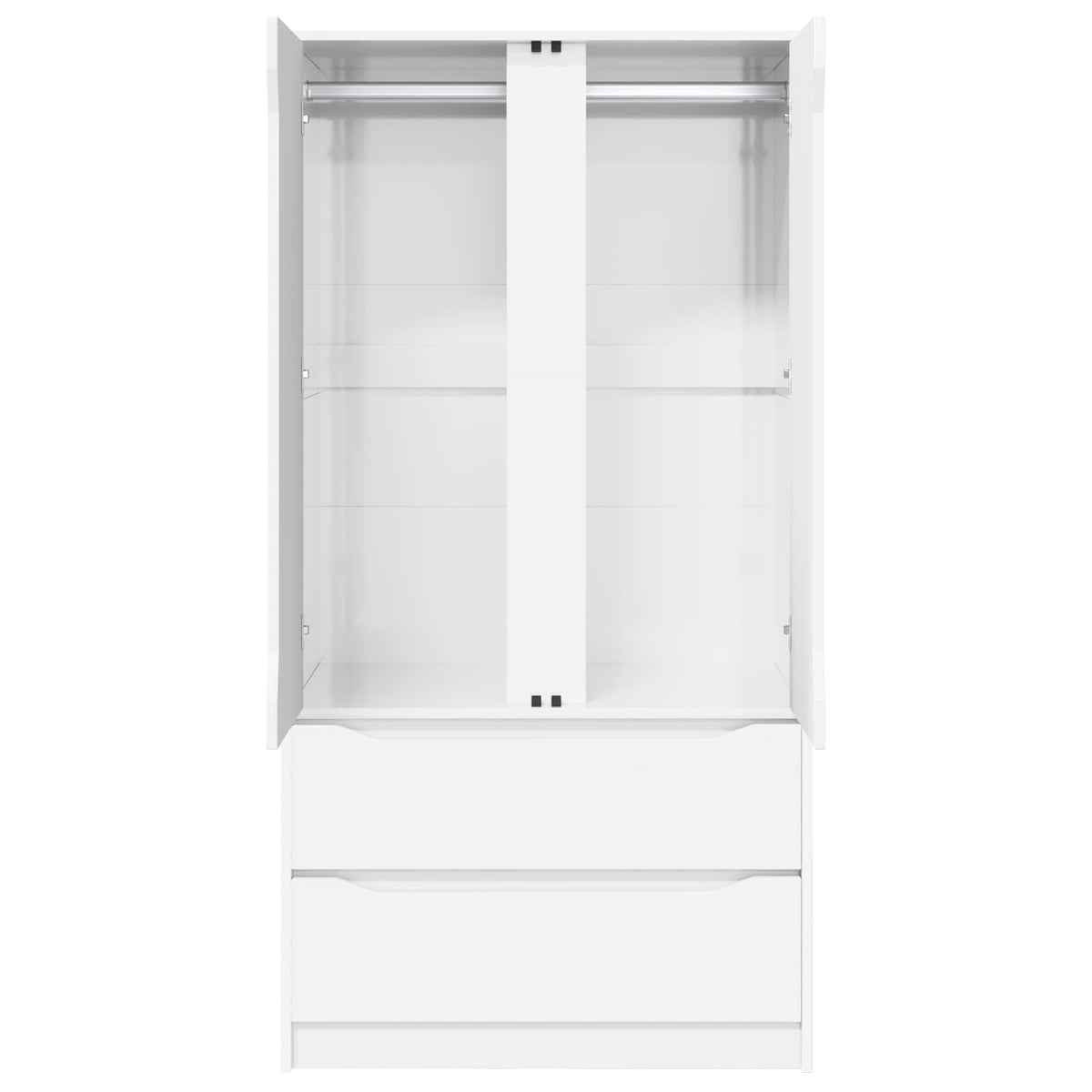 Inside the white high gloss wardrobe with hanging rail and shelves