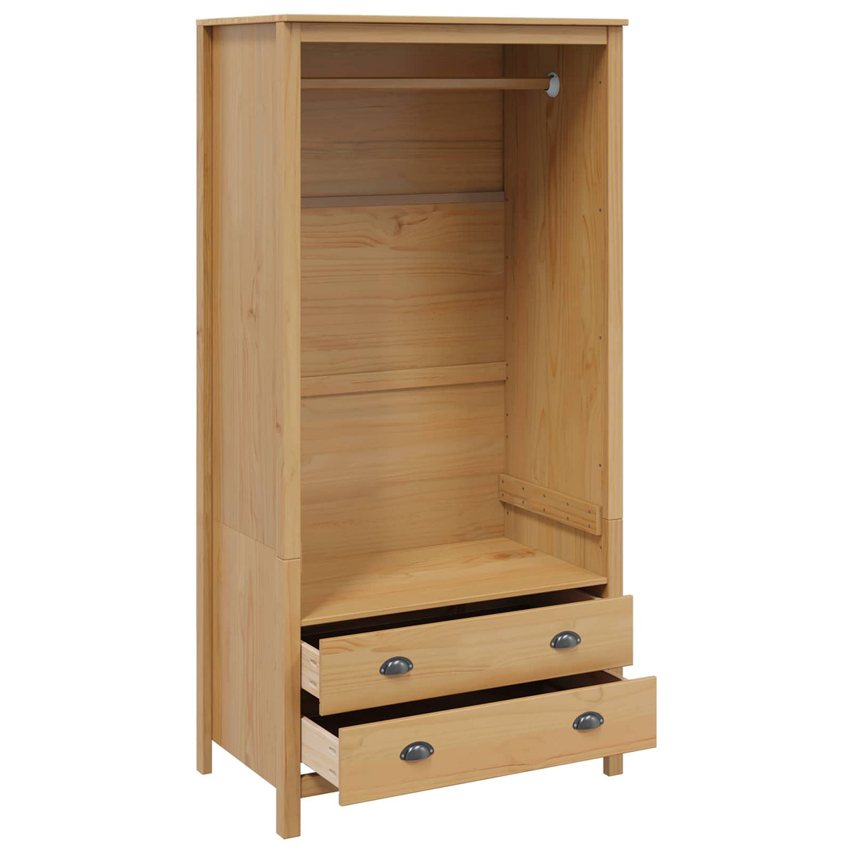 the wooden wardrobe with both bottom drawers pulled out to show the interior