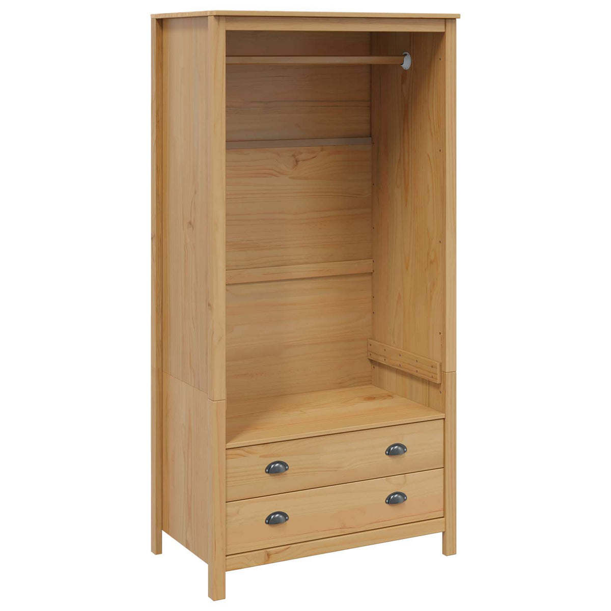 the wooden wardrobe with an open hanging space and two drawers at the bottom