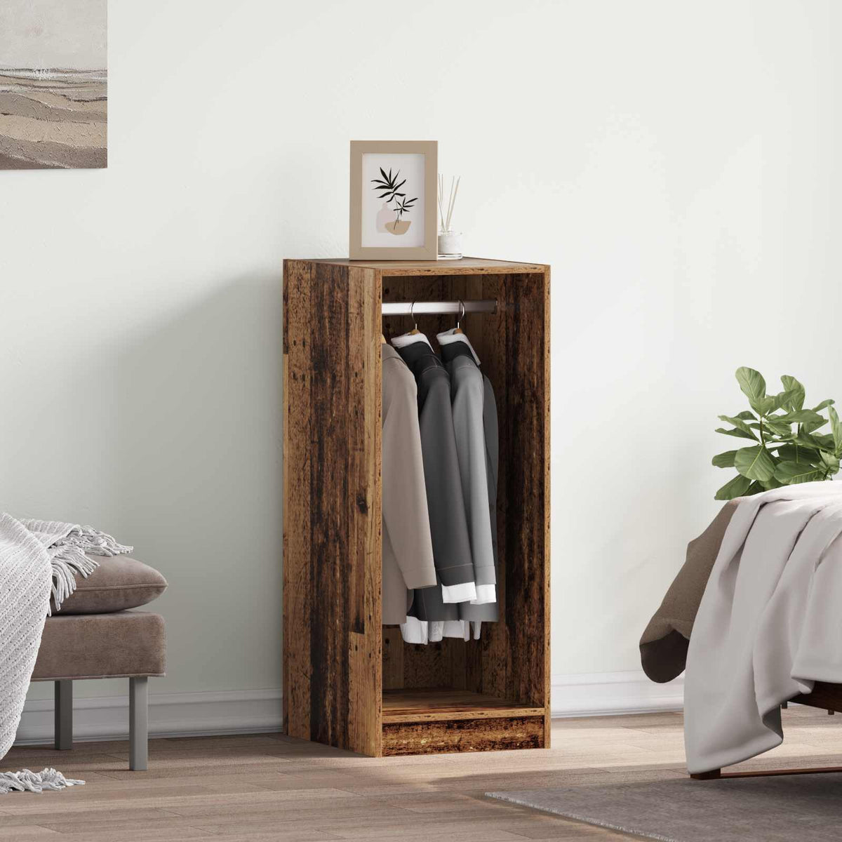 vidaXL Wardrobe Old Wood Engineered Wood with hanging clothes inside a room