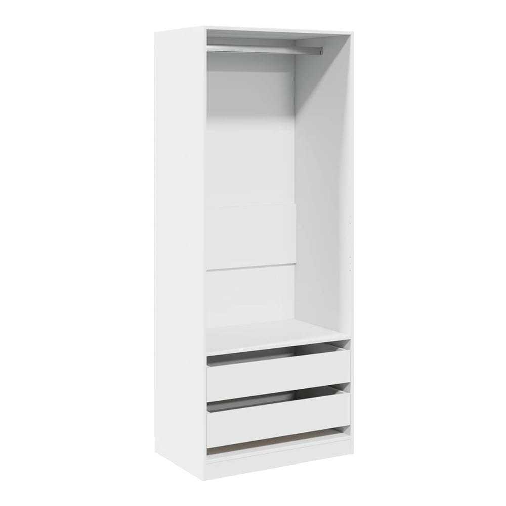 The white wardrobe with hanging rail and two drawers, empty inside