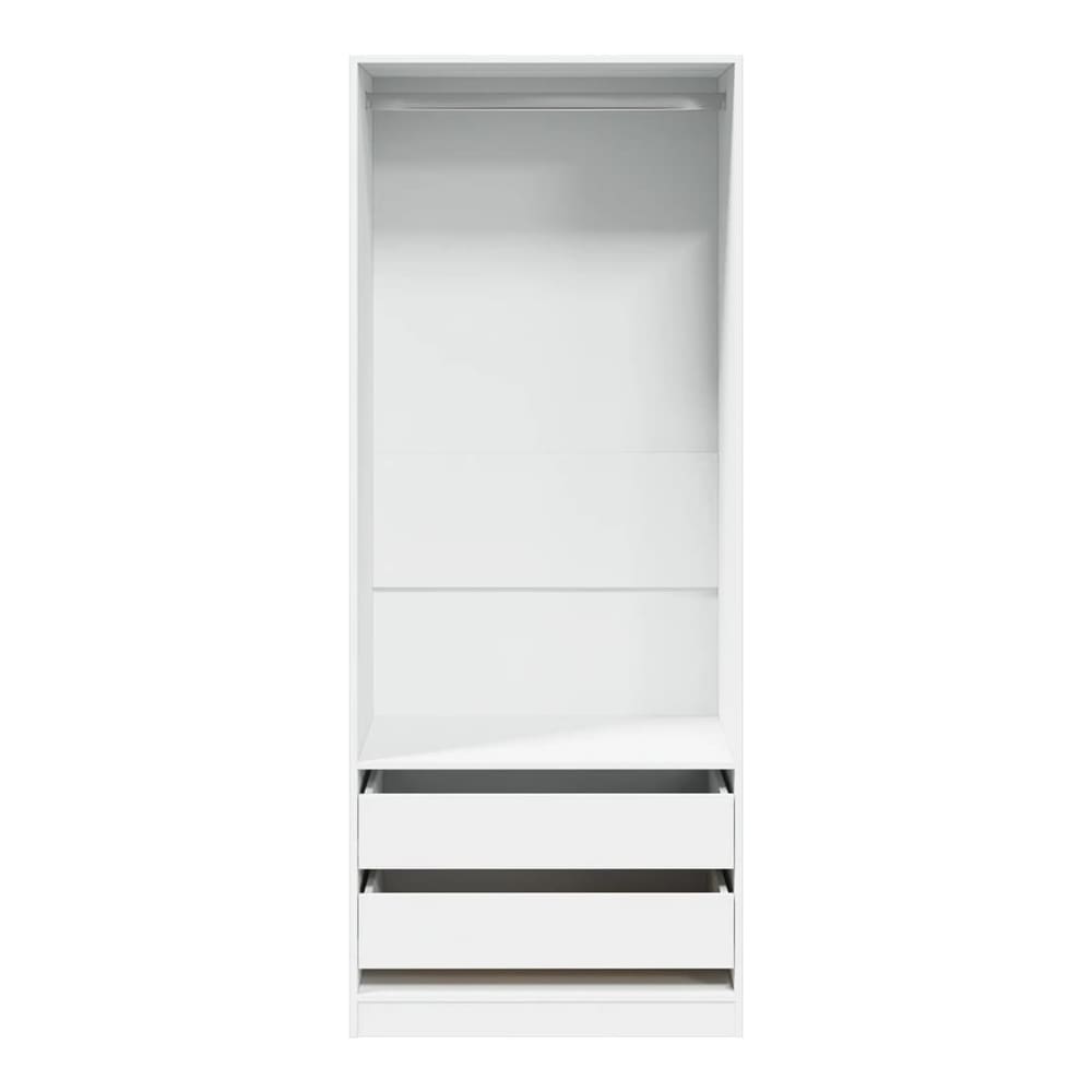 The white wardrobe interior with hanging rail and two drawers