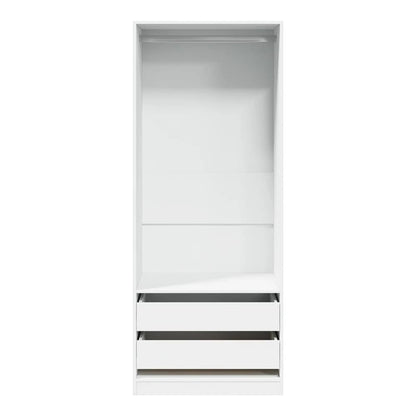 The white wardrobe interior with hanging rail and two drawers