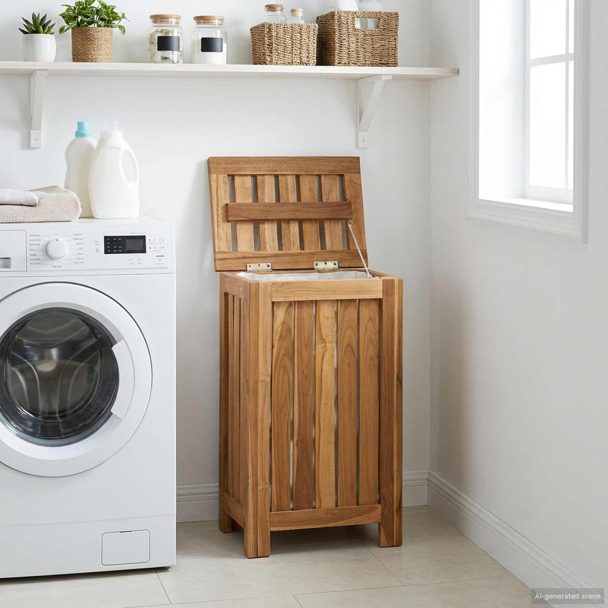 Wash Bin Solid Wood Teak 35 cm 25 cm with fabric bag