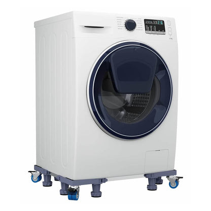 The grey washing machine base under a white washing machine
