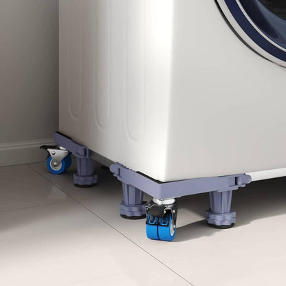 Close up of the washing machine base wheels and adjustable feet
