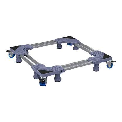 The grey stainless steel washing machine base with wheels and adjustable feet