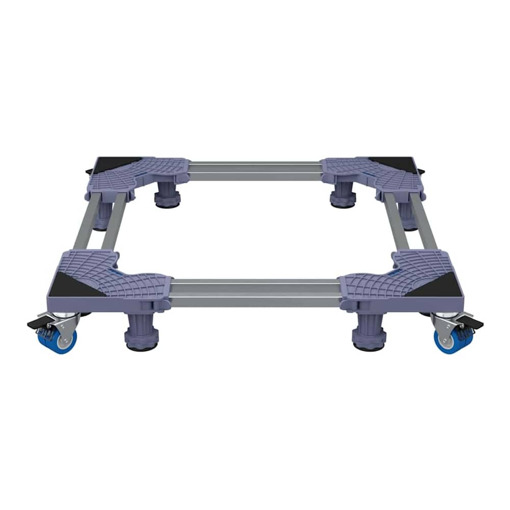 The grey stainless steel washing machine base with wheels and adjustable feet from a side angle