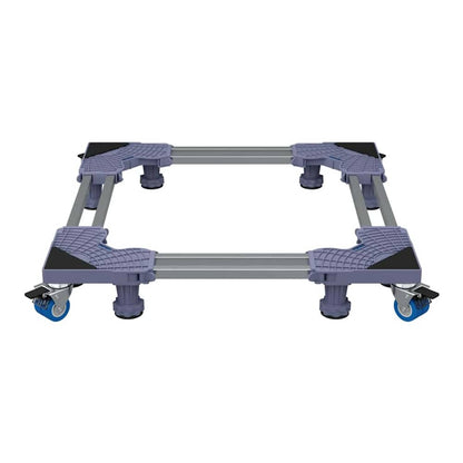 The grey stainless steel washing machine base with wheels and adjustable feet from a side angle