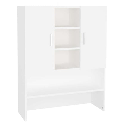The white cabinet with two upper doors and open shelving