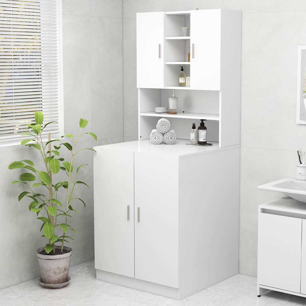 Washing Machine Cabinet White with two doors and open shelves above and below