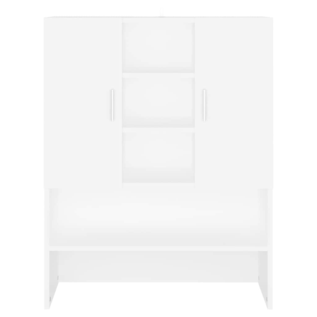 A white cabinet with two doors and open shelves