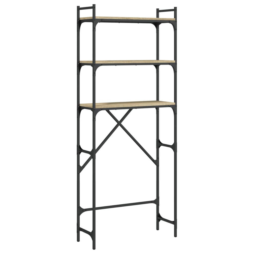 the washing machine shelf featuring a black metal frame and three wooden storage shelves