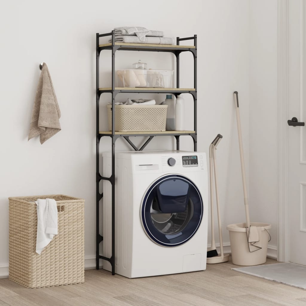 the washing machine shelf standing in a laundry room with baskets and cleaning supplies