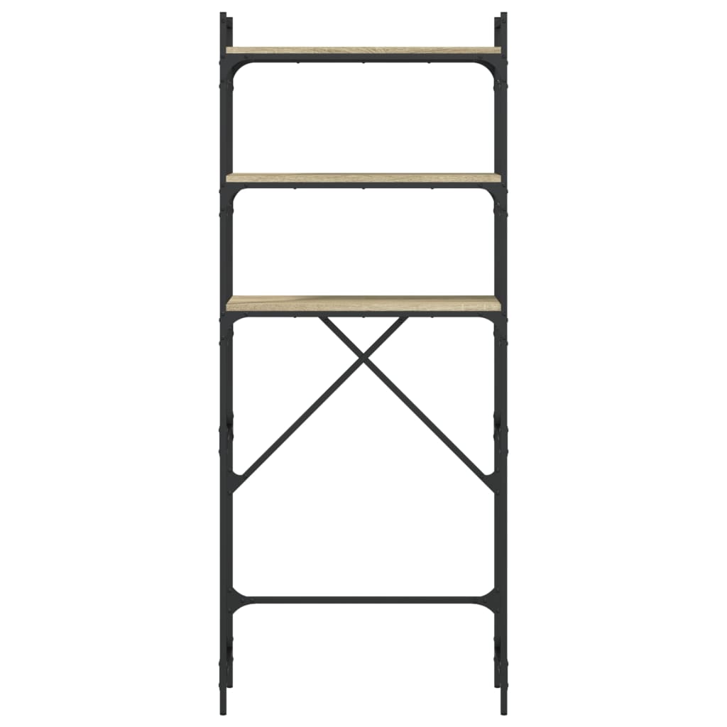 the washing machine shelf showing the black metal frame and wooden shelves from the front