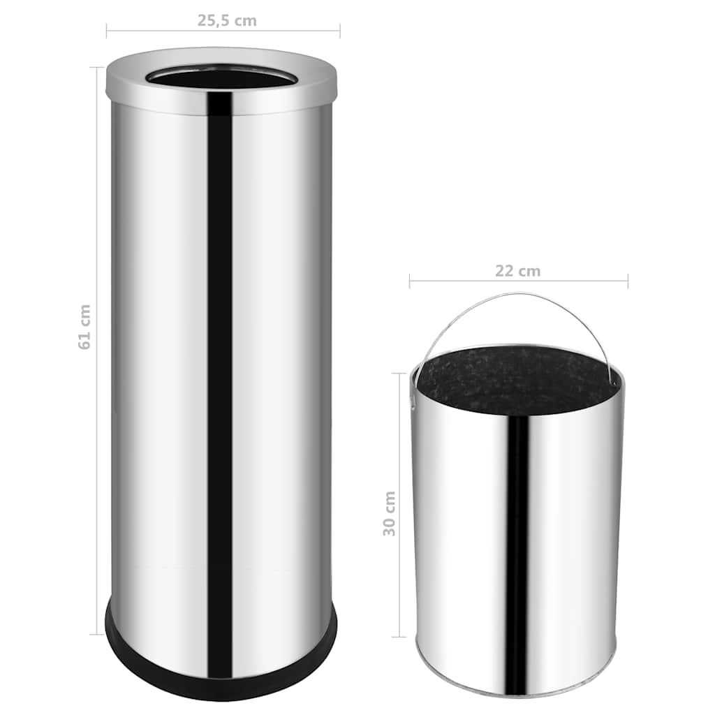 The waste bin and inner bucket with dimension lines and labels