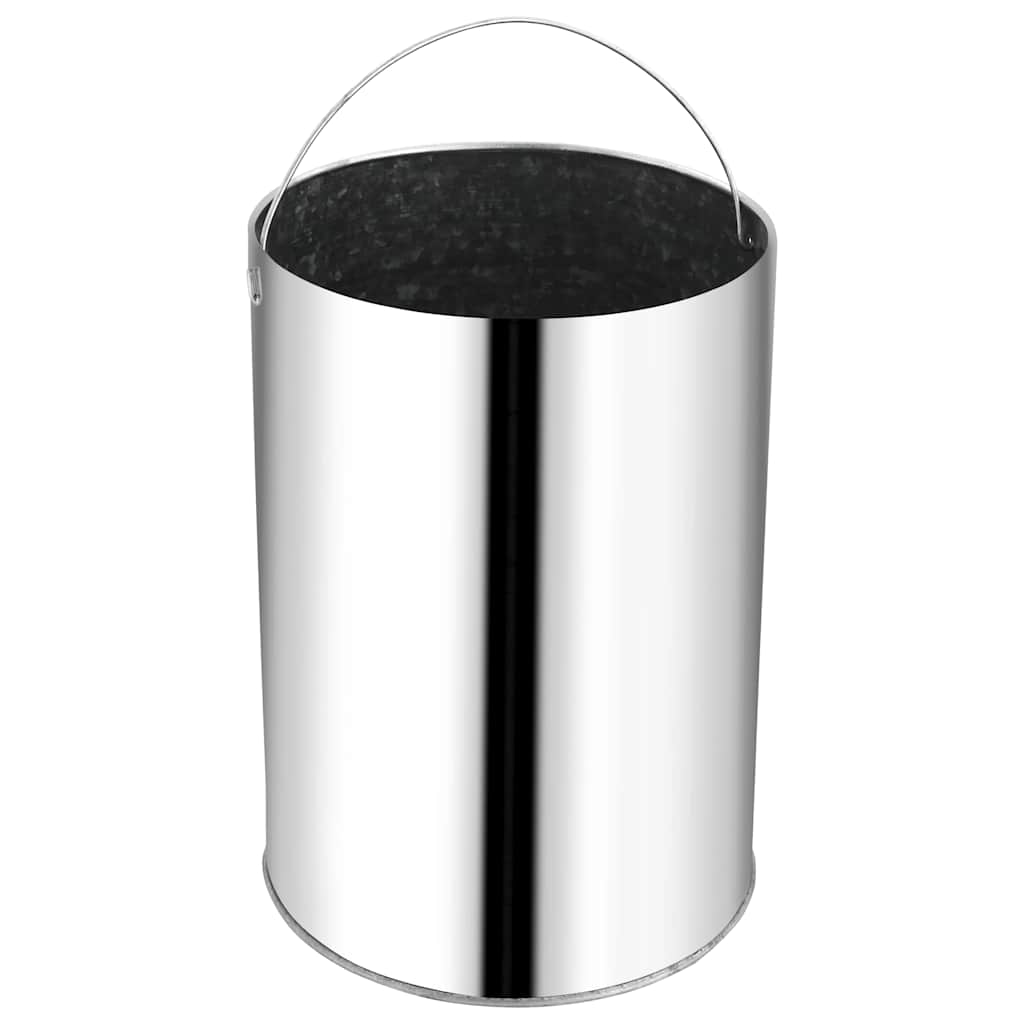 The stainless steel waste bin has a simple cylindrical shape with a polished finish and a wire handle at the top