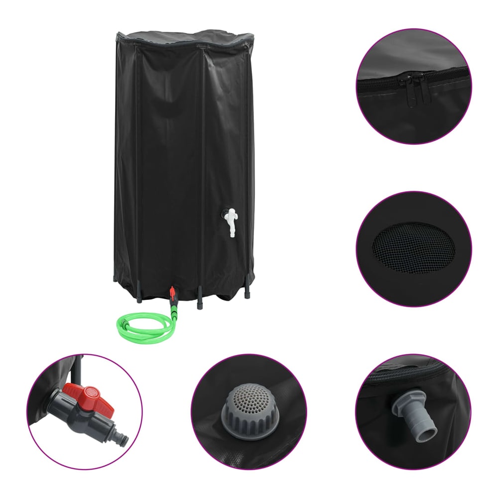 Foldable water tank with tap and hose connection, showing close-ups of the zip, mesh inlet and tap