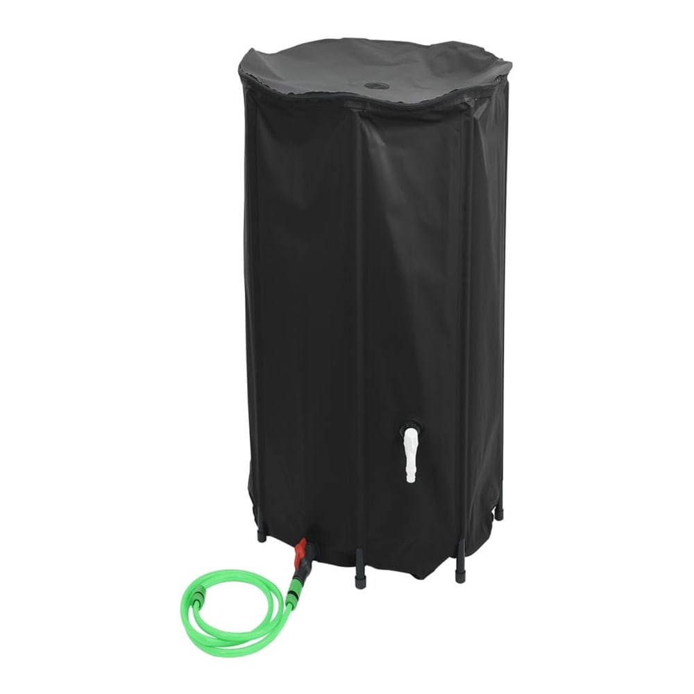 Foldable water tank with tap and green hose attached, shown from the side