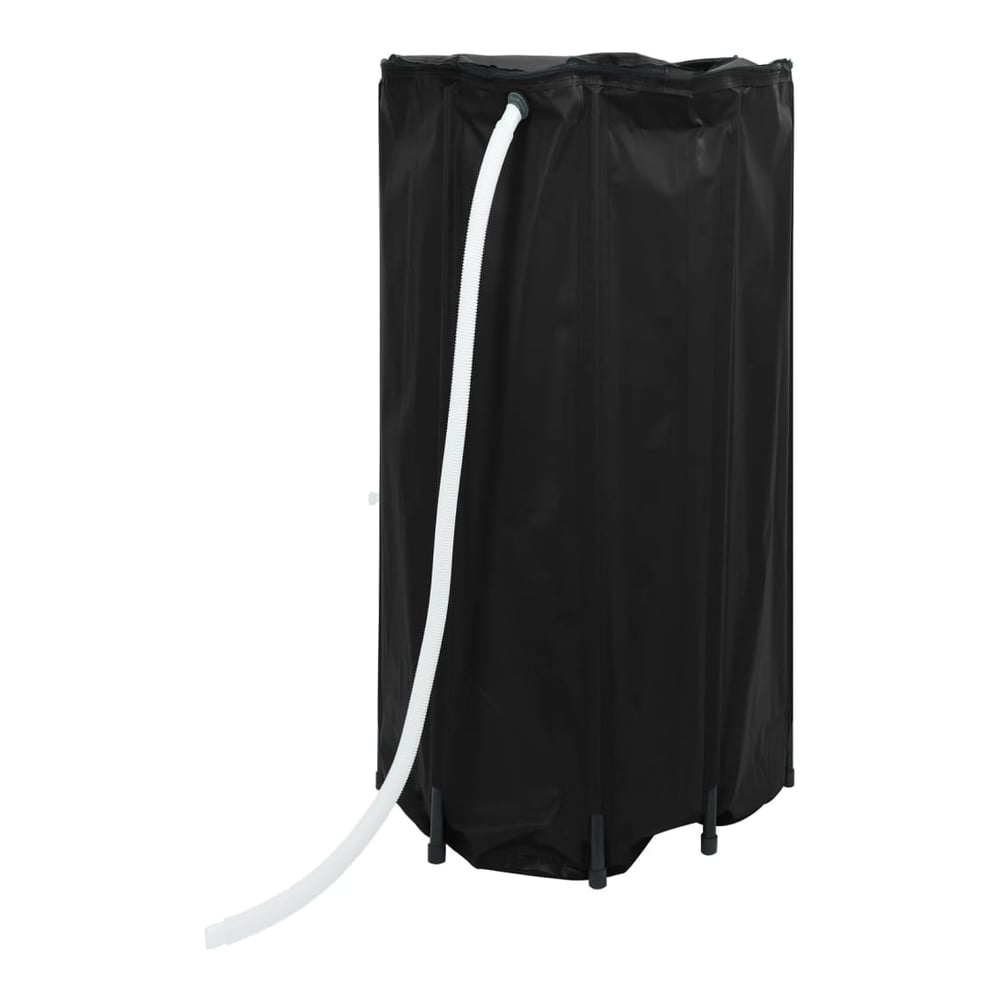 Foldable water tank with a white hose attached to the tap, shown from the side