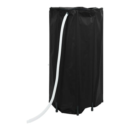 Foldable water tank with a white hose attached to the tap, shown from the side