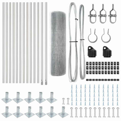 the complete set of metal fencing components including wire mesh rolls and base plates