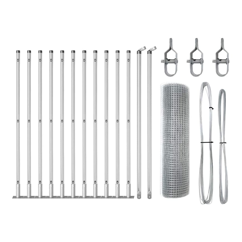 All the parts for the welded wire fence laid out, including posts, mesh, and fixings