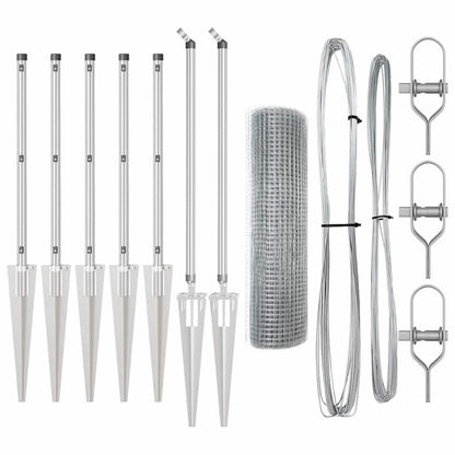 All the parts included for the galvanised steel mesh fence panel kit laid out