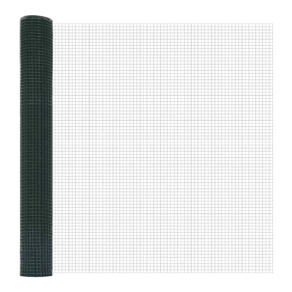 A roll of green welded wire mesh, showing the grid pattern