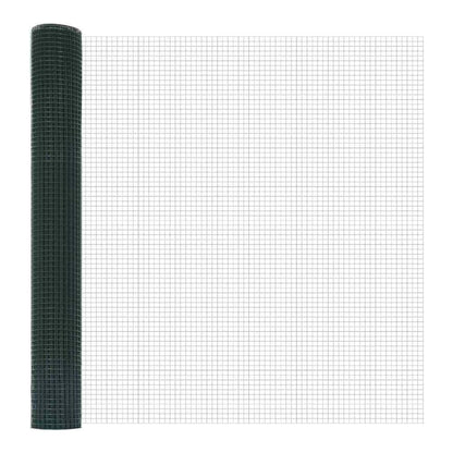 A roll of green welded wire mesh, showing the grid pattern