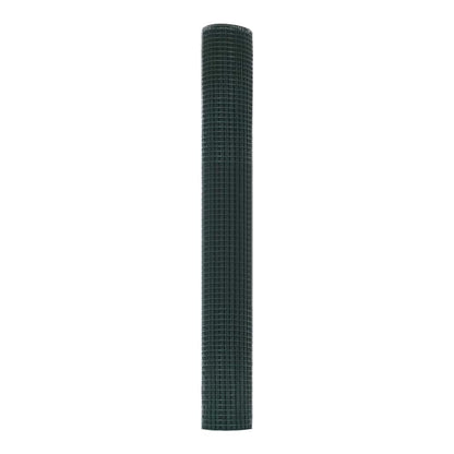 A vertical roll of green welded wire mesh fencing