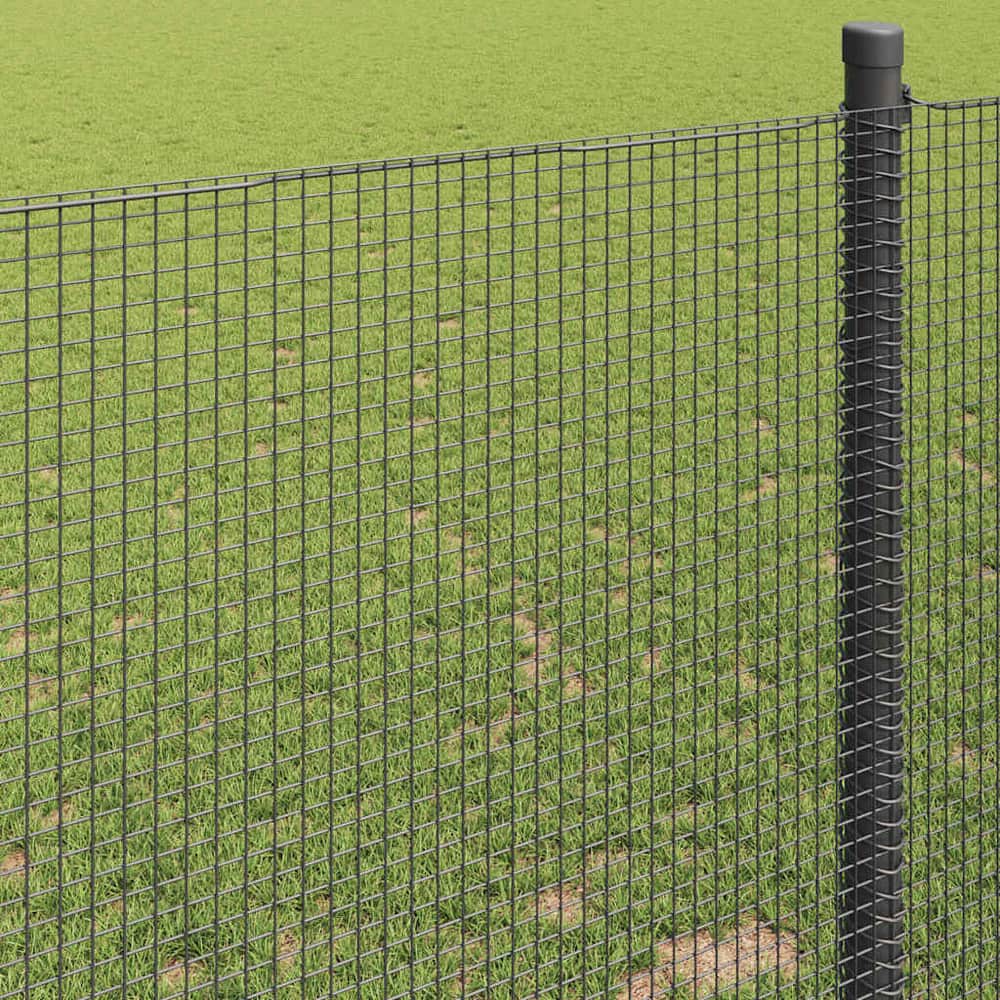 the fence panels close up showing the grid pattern and the sturdy vertical metal post