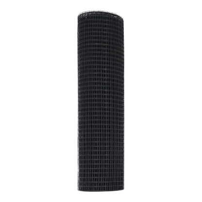 A tall, narrow roll of grey welded wire mesh fencing