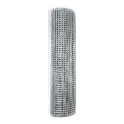 A tall roll of welded wire mesh fencing standing upright