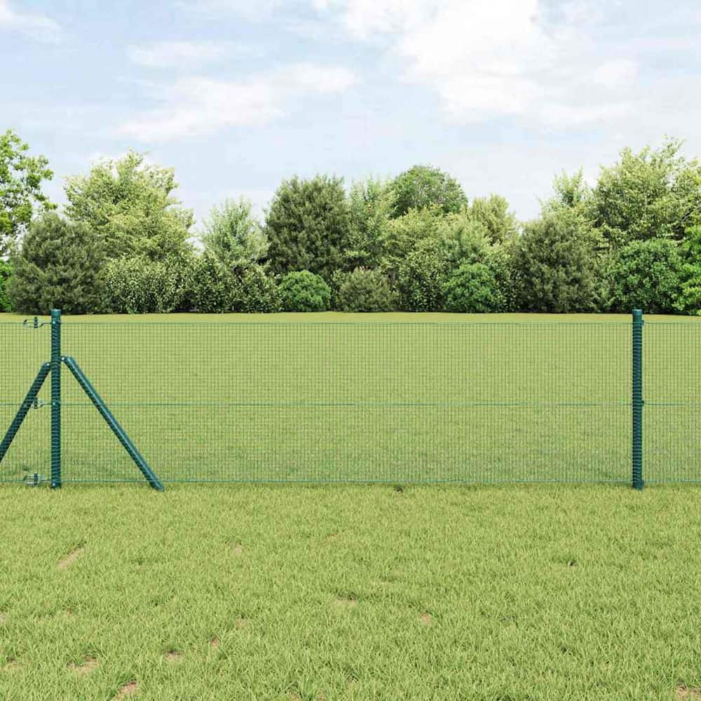 vidaXL Welded Wire Fence Ground Fix PVC-Coated Steel Green, a green wire fence panel with posts in a grassy area