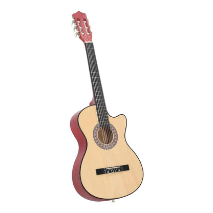 Western acoustic guitar with a cutaway body and red headstock, angled view