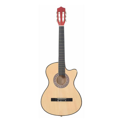 Full front view of the western acoustic guitar with a cutaway body and red headstock